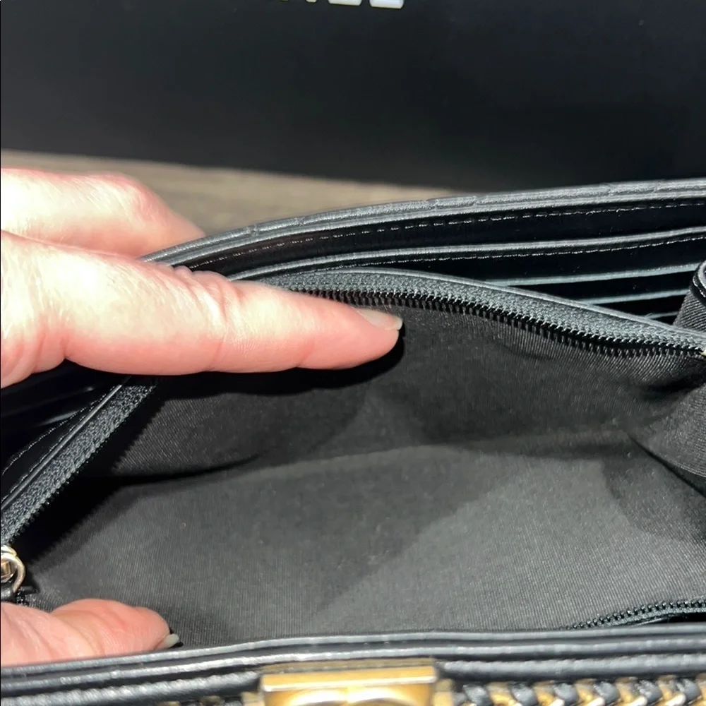 RARE!! Chanel Black and Gold Quilted distressed chain flap wallet